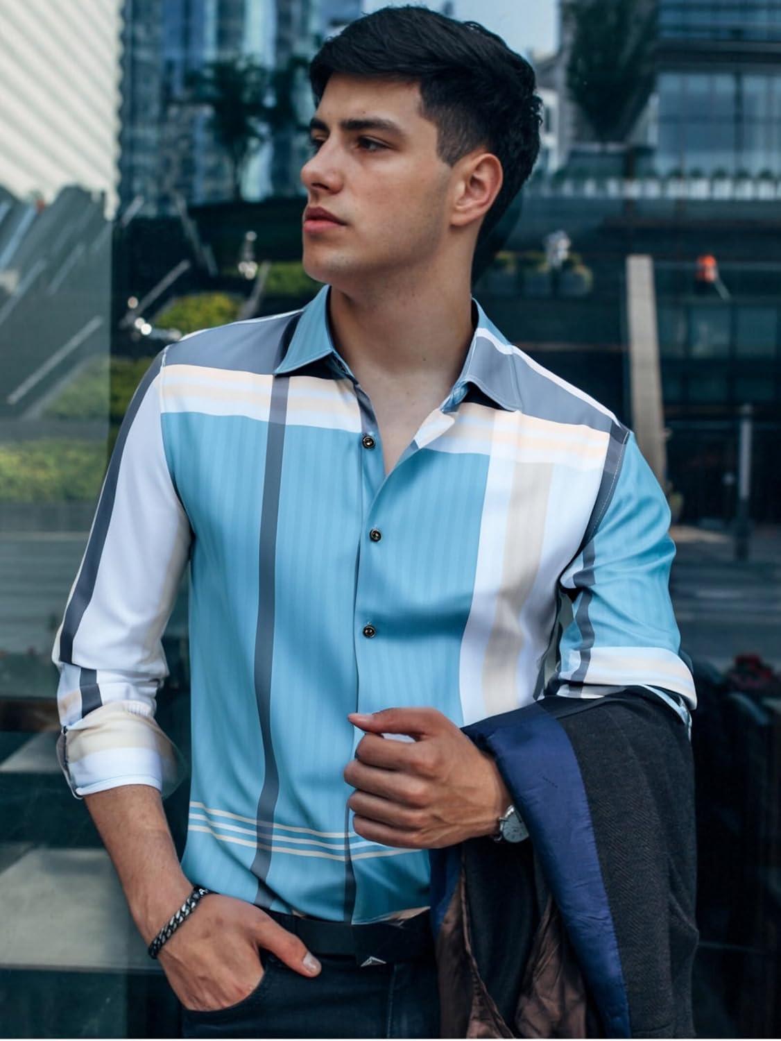 imageAlex Vando Mens Print Plaid Button Down Shirts Wrinkle Free 4Way Stretch Casual Dress Shirt for Men40 BlueGrey