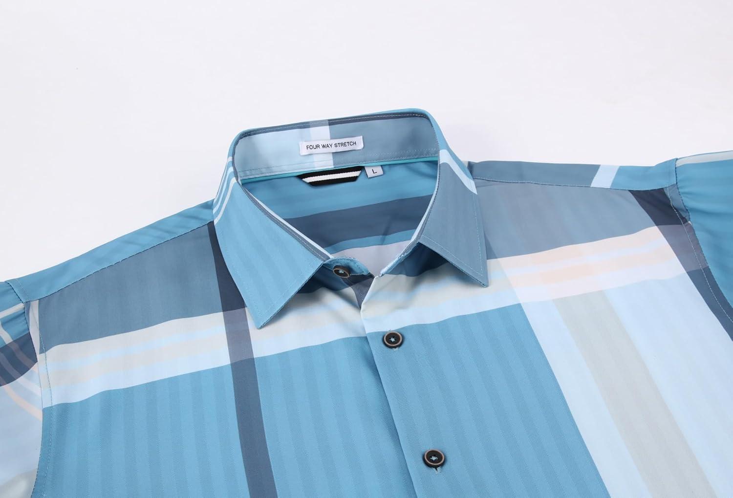 imageAlex Vando Mens Print Plaid Button Down Shirts Wrinkle Free 4Way Stretch Casual Dress Shirt for Men40 BlueGrey