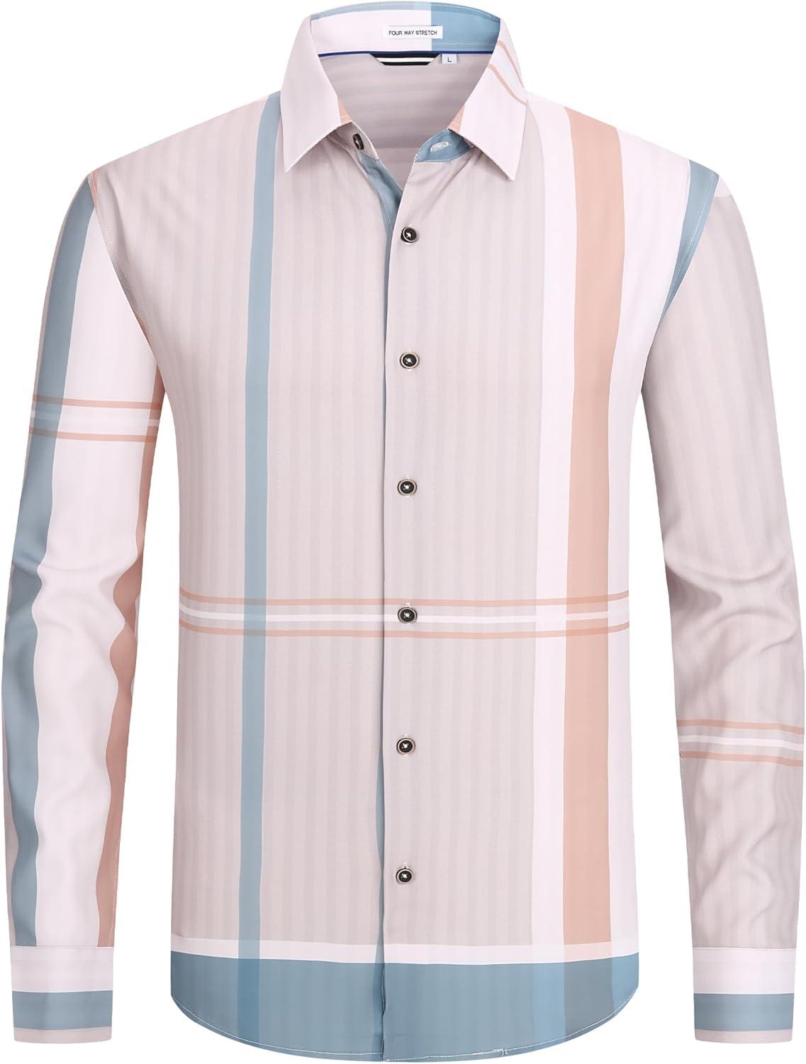 imageAlex Vando Mens Print Plaid Button Down Shirts Wrinkle Free 4Way Stretch Casual Dress Shirt for MenBeigeBrown