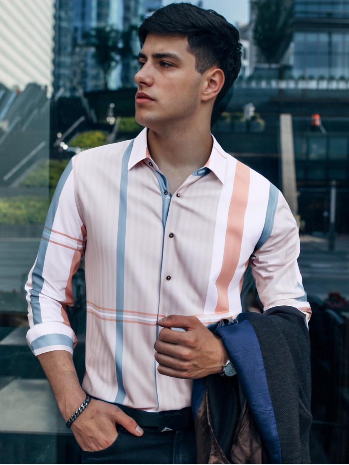 imageAlex Vando Mens Print Plaid Button Down Shirts Wrinkle Free 4Way Stretch Casual Dress Shirt for MenBeigeBrown