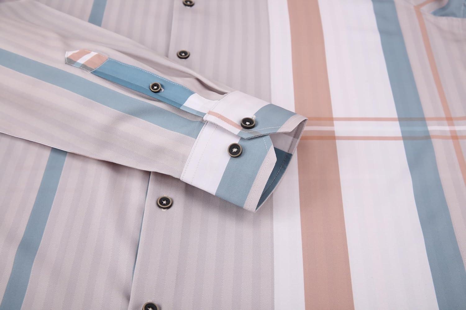 imageAlex Vando Mens Print Plaid Button Down Shirts Wrinkle Free 4Way Stretch Casual Dress Shirt for MenBeigeBrown