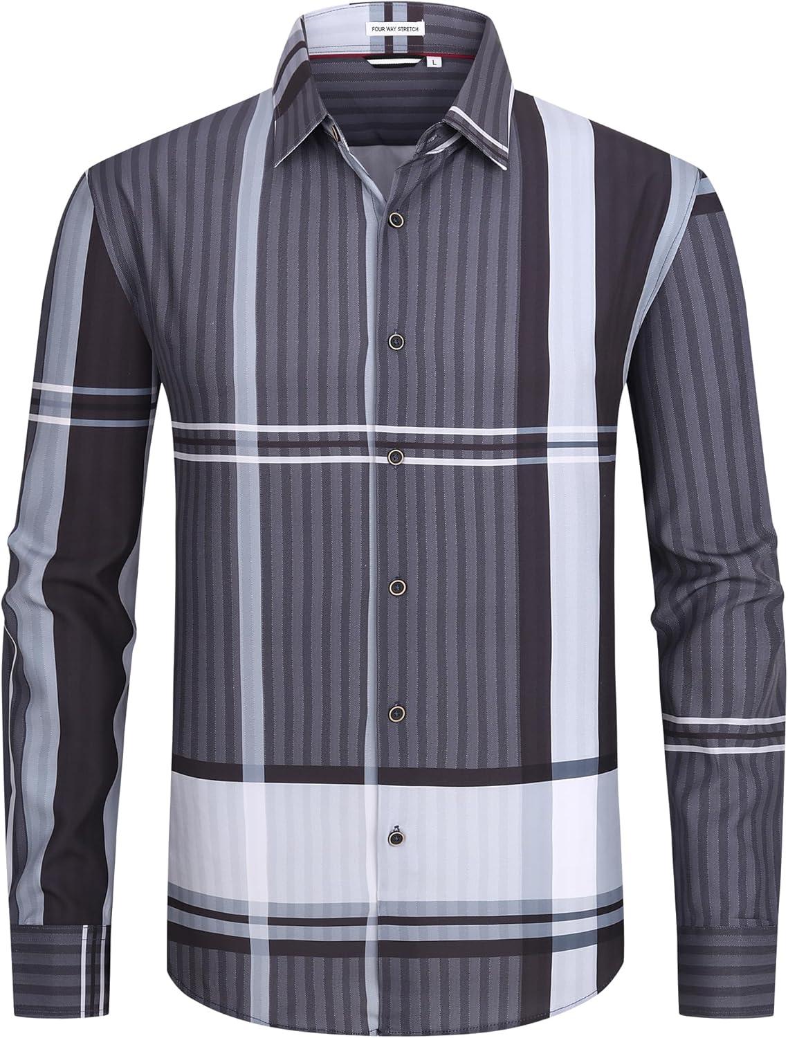 imageAlex Vando Mens Print Plaid Button Down Shirts Wrinkle Free 4Way Stretch Casual Dress Shirt for MenBlackGrey