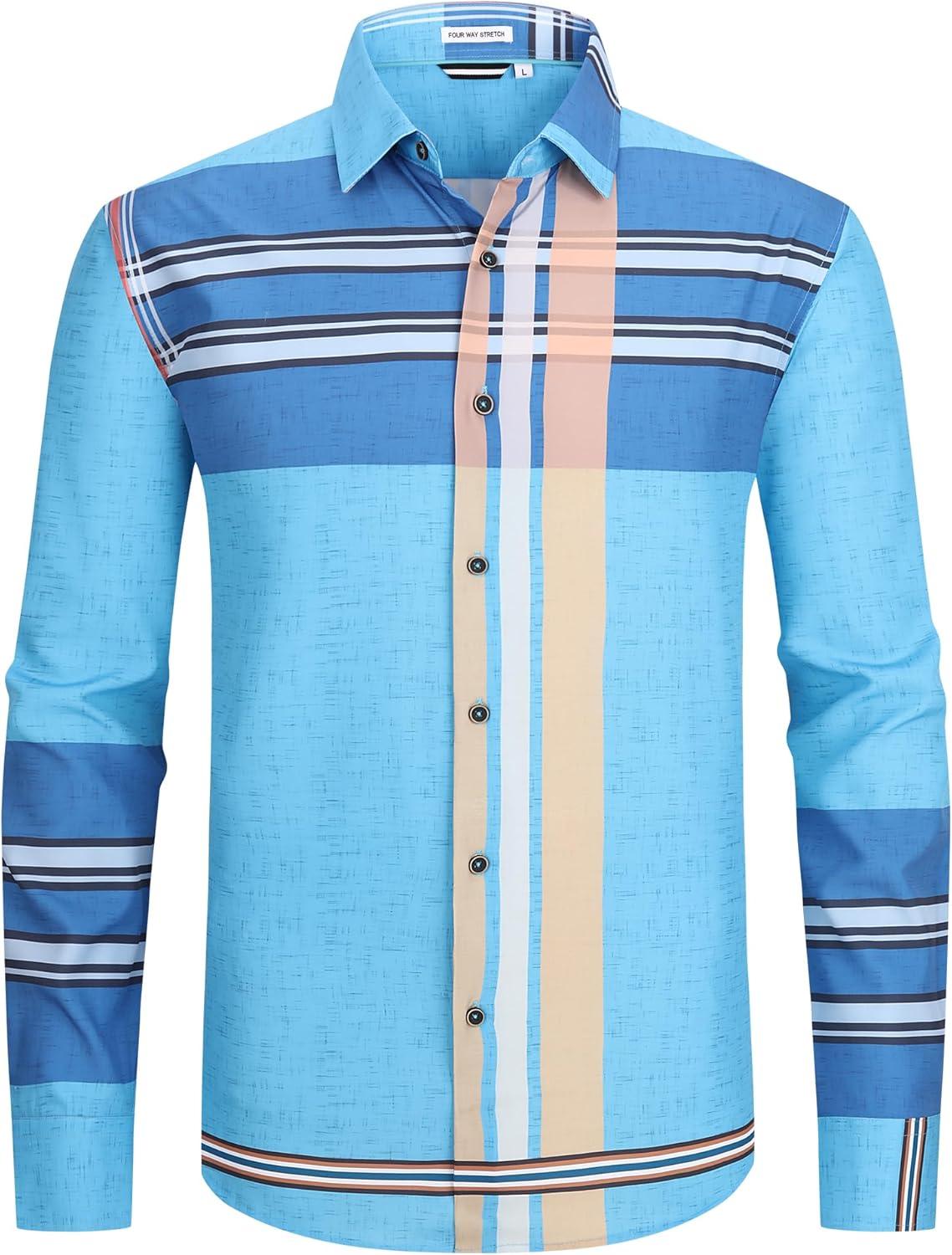 imageAlex Vando Mens Print Plaid Button Down Shirts Wrinkle Free 4Way Stretch Casual Dress Shirt for MenBlueRoyal