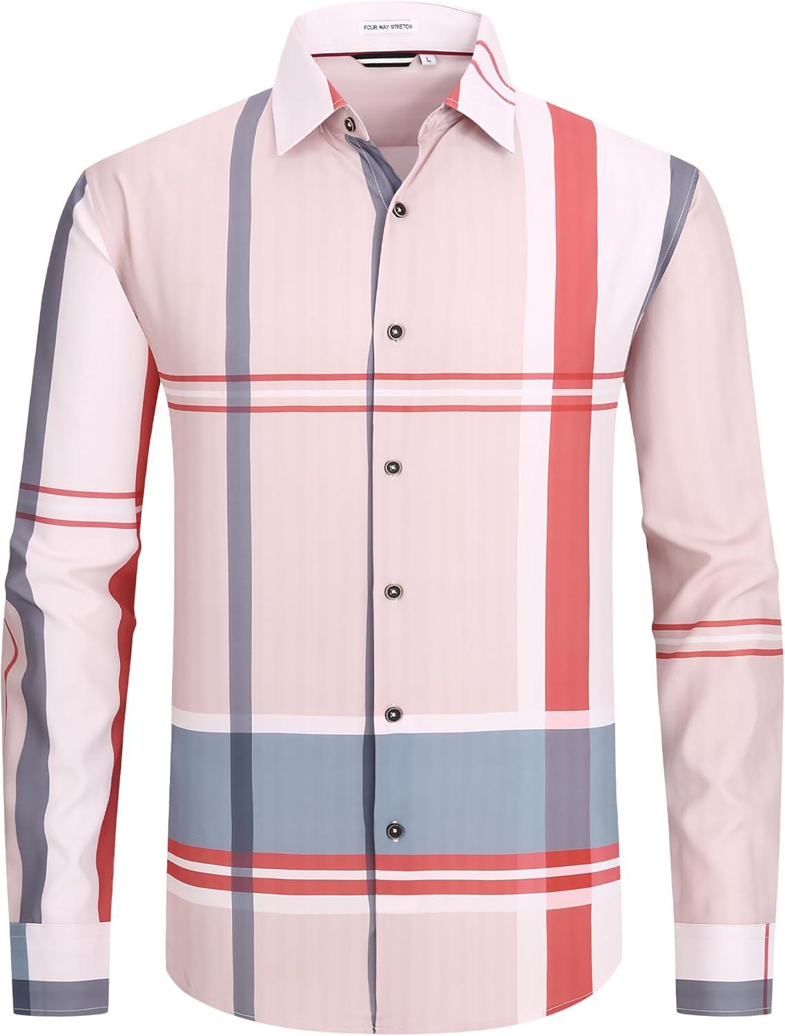 imageAlex Vando Mens Print Plaid Button Down Shirts Wrinkle Free 4Way Stretch Casual Dress Shirt for MenRedGrey