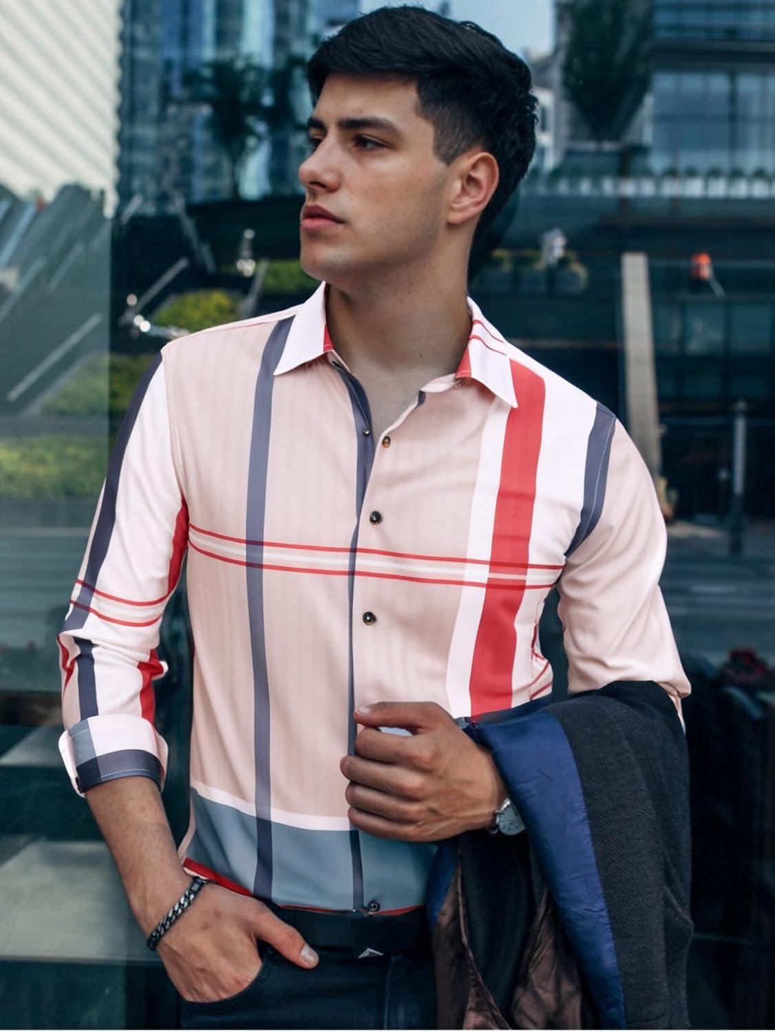 imageAlex Vando Mens Print Plaid Button Down Shirts Wrinkle Free 4Way Stretch Casual Dress Shirt for MenRedGrey