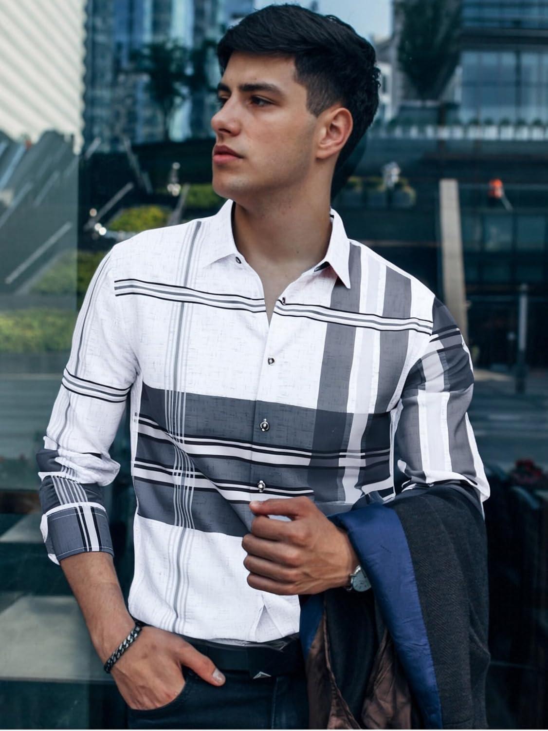 imageAlex Vando Mens Print Plaid Button Down Shirts Wrinkle Free 4Way Stretch Casual Dress Shirt for MenWhiteBlack