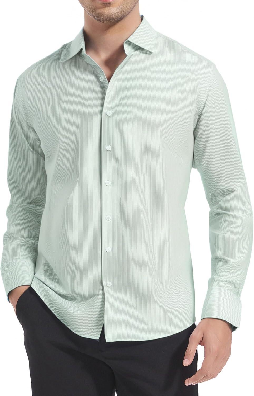 imageAlex Vando Mens Stripe Dress Shirt FastDrying Easy Care Long Sleeve Regular Fit Button Down ShirtsGreen