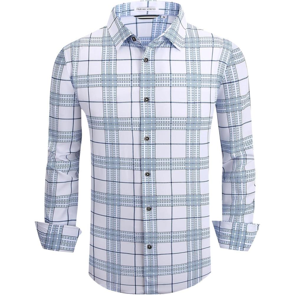 imageAlex Vando Mens Print Plaid Button Down Shirts Wrinkle Free 4Way Stretch Casual Dress Shirt for Men30 WhiteBlue
