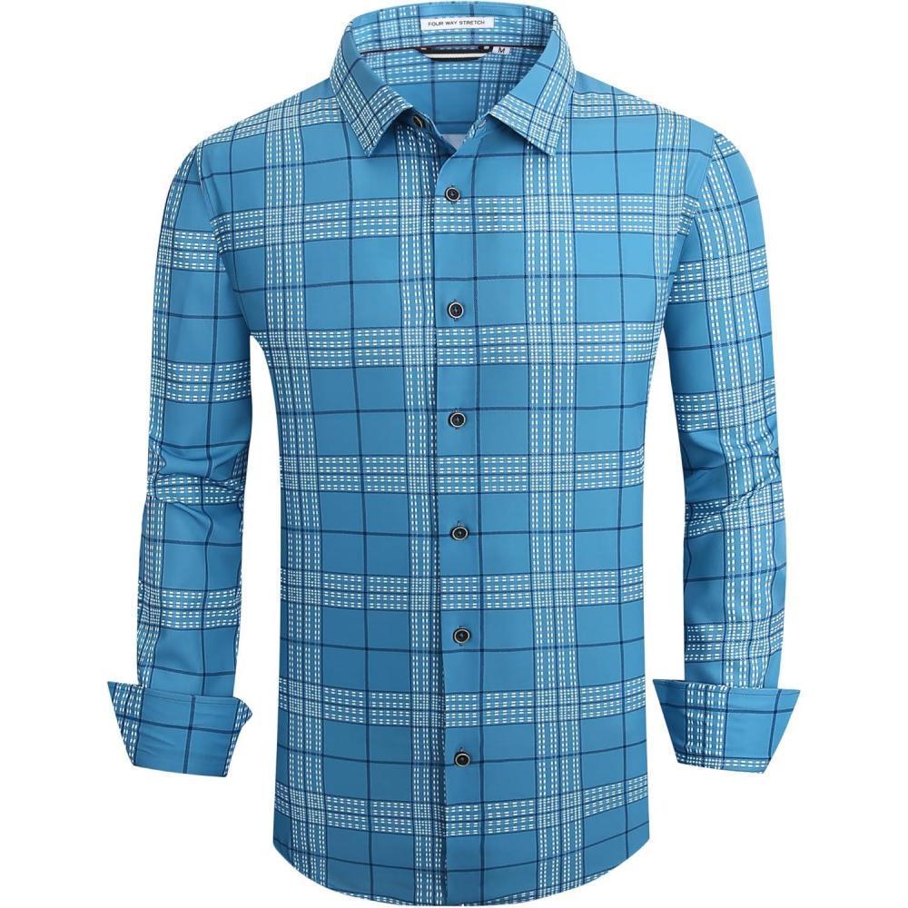 imageAlex Vando Mens Print Plaid Button Down Shirts Wrinkle Free 4Way Stretch Casual Dress Shirt for Men33 Blue