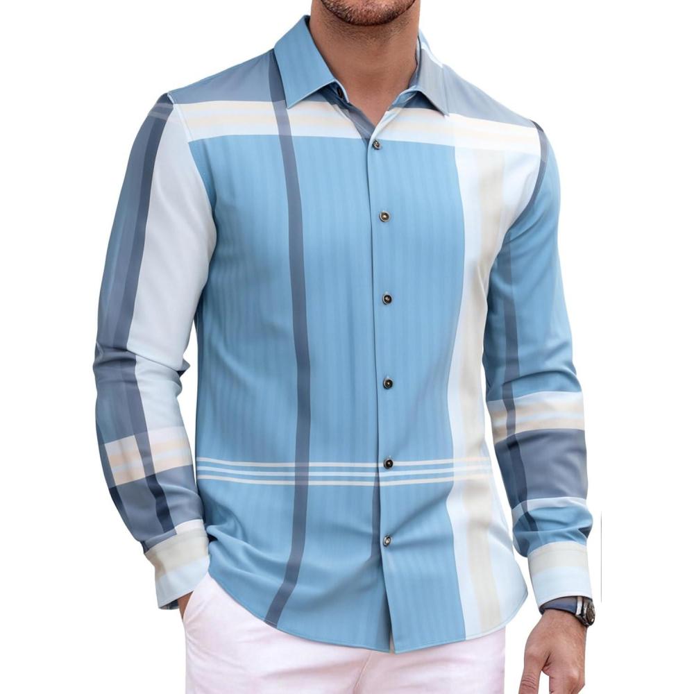 imageAlex Vando Mens Print Plaid Button Down Shirts Wrinkle Free 4Way Stretch Casual Dress Shirt for Men40 BlueGrey