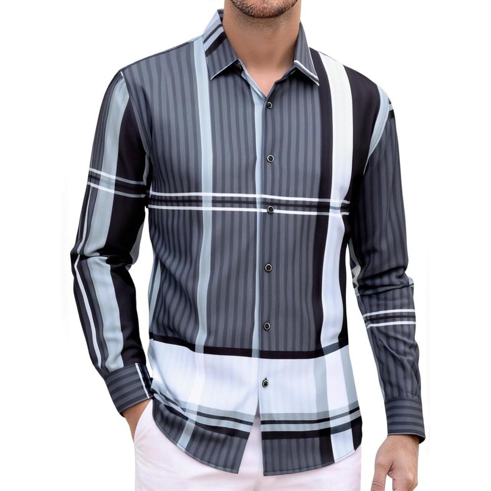 imageAlex Vando Mens Print Plaid Button Down Shirts Wrinkle Free 4Way Stretch Casual Dress Shirt for MenBlackGrey