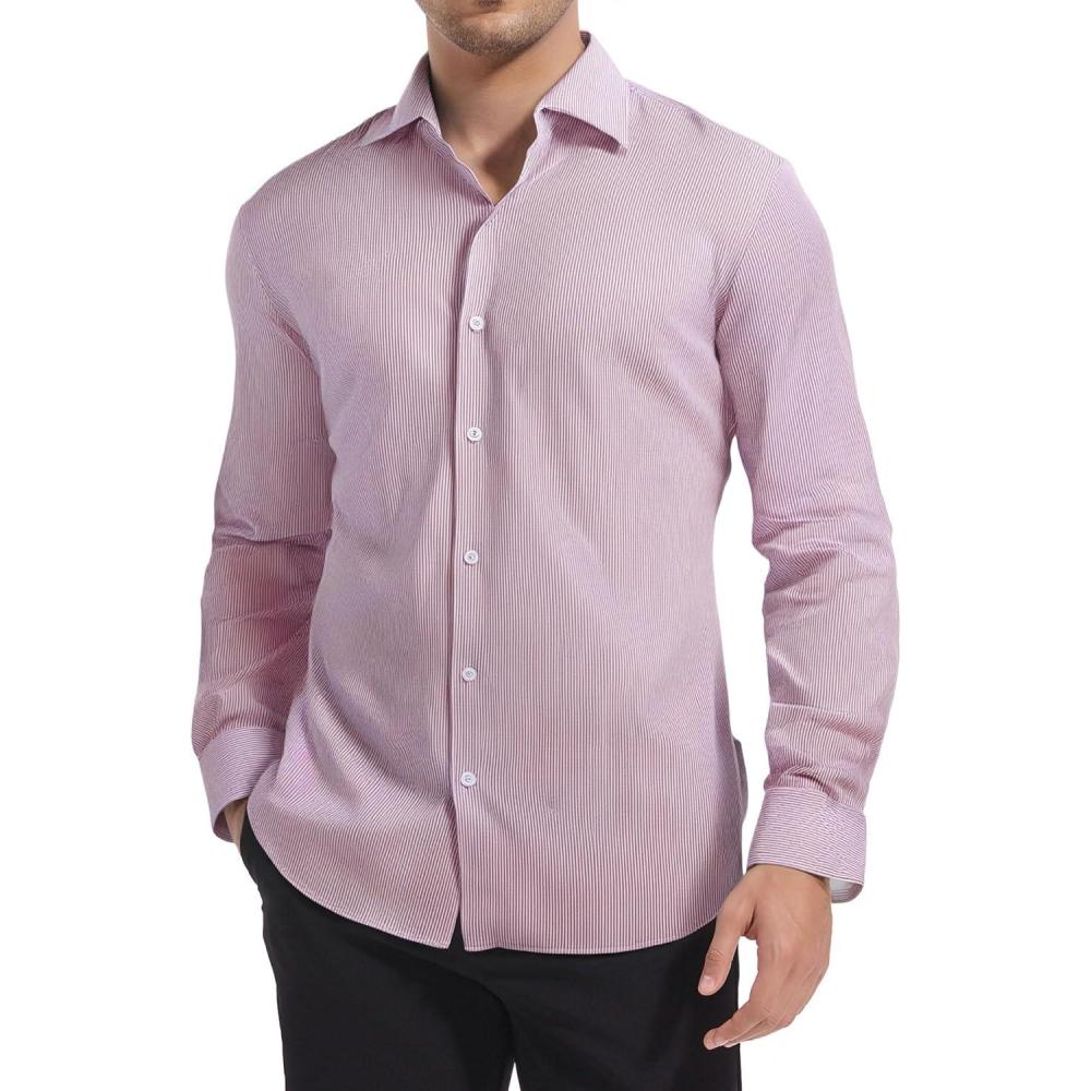 imageAlex Vando Mens Stripe Dress Shirt FastDrying Easy Care Long Sleeve Regular Fit Button Down ShirtsRed