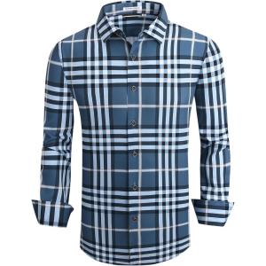imageAlex Vando Mens Print Plaid Button Down Shirts Wrinkle Free 4Way Stretch Casual Dress Shirt for Men29 DustyblueWhite