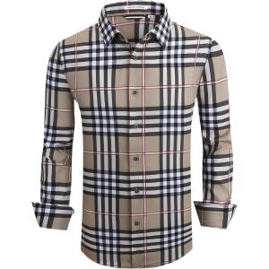 imageAlex Vando Mens Print Plaid Button Down Shirts Wrinkle Free 4Way Stretch Casual Dress Shirt for Men30 BorwnWhite