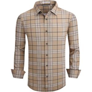 imageAlex Vando Mens Print Plaid Button Down Shirts Wrinkle Free 4Way Stretch Casual Dress Shirt for Men32 Khaki