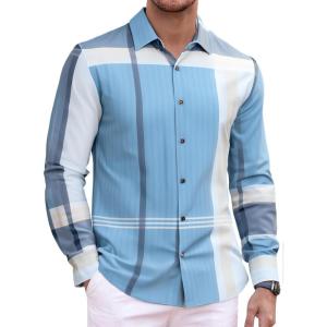 imageAlex Vando Mens Print Plaid Button Down Shirts Wrinkle Free 4Way Stretch Casual Dress Shirt for Men40 BlueGrey