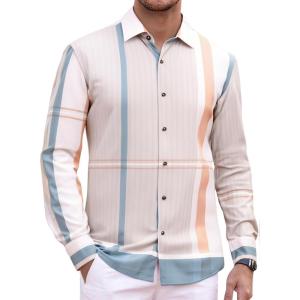 imageAlex Vando Mens Print Plaid Button Down Shirts Wrinkle Free 4Way Stretch Casual Dress Shirt for MenBeigeBrown