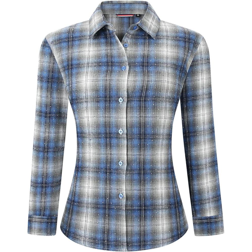 imageAlex Vando Womens Flannel Shirt Regular Long Sleeve Button Down Flannel Shirts for WomenRhinestone BlueGrey