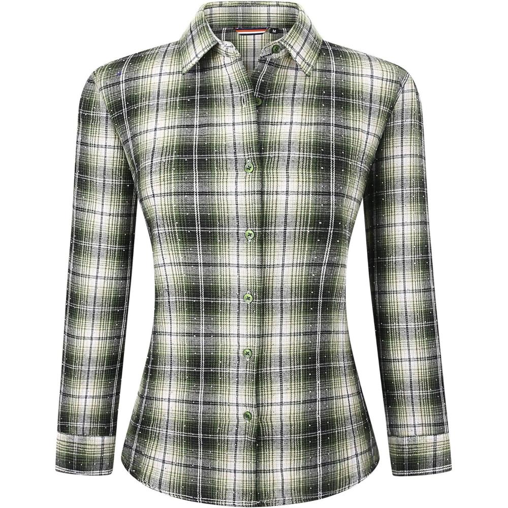 imageAlex Vando Womens Flannel Shirt Regular Long Sleeve Button Down Flannel Shirts for WomenRhinestone GreenBlack