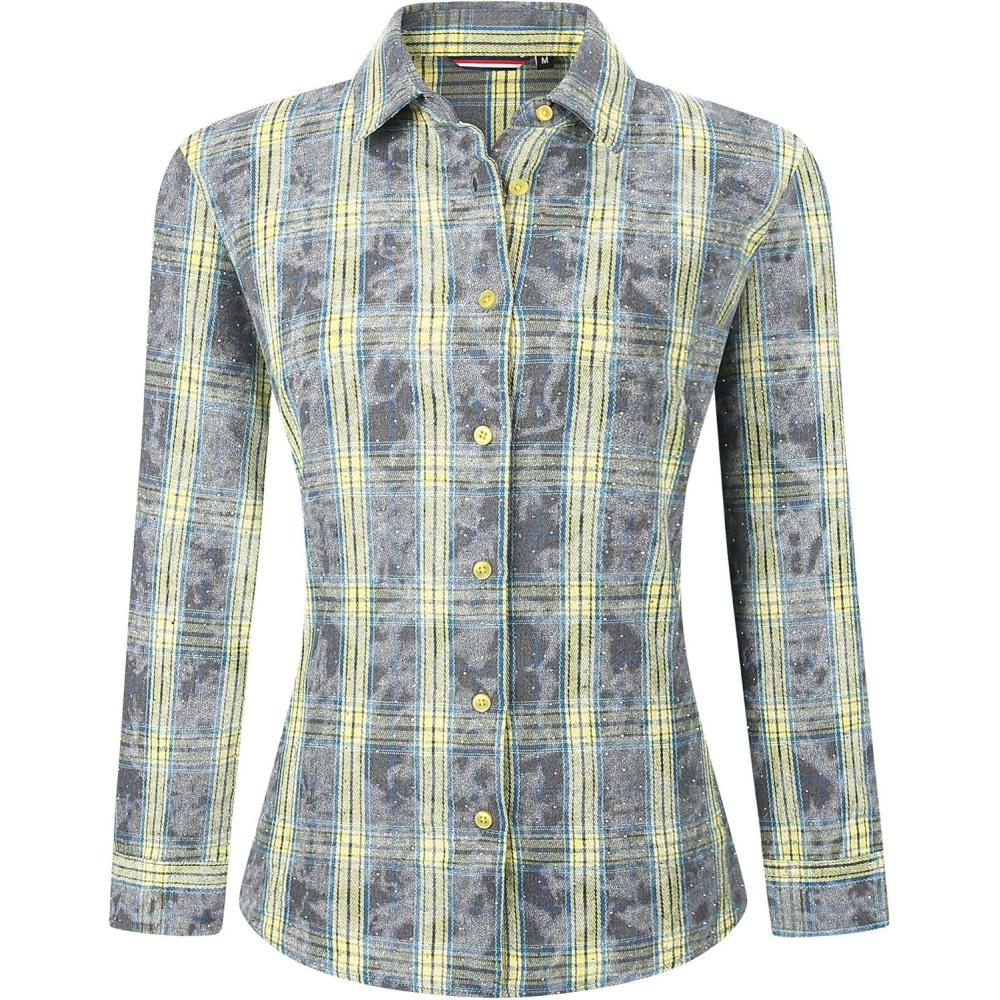 imageAlex Vando Womens Flannel Shirt Regular Long Sleeve Button Down Flannel Shirts for WomenRhinestone YellowGrey