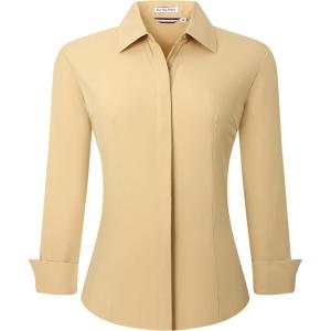 imageAlex Vando Womens Dress Shirts Wrinkle Free Regular Fit Long Sleeve Stretch Work ShirtHidden Placket Khaki