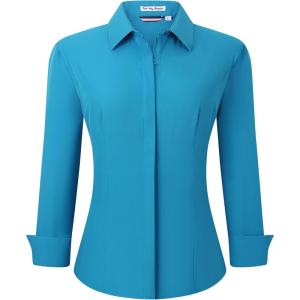 imageAlex Vando Womens Dress Shirts Wrinkle Free Regular Fit Long Sleeve Stretch Work ShirtHidden Placket Turquoise