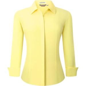 imageAlex Vando Womens Dress Shirts Wrinkle Free Regular Fit Long Sleeve Stretch Work ShirtHidden Placket Yellow