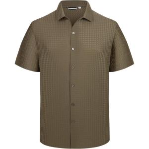 image:imageAlex Vando Mens Jacquard Knit Button Down Shirts Breathable Stretch Business Casual Short Sleeve ShirtCoffee