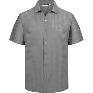 image:imageAlex Vando Mens Jacquard Knit Button Down Shirts Breathable Stretch Business Casual Short Sleeve ShirtGrey