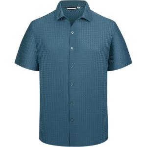 image:imageAlex Vando Mens Jacquard Knit Button Down Shirts Breathable Stretch Business Casual Short Sleeve ShirtTeal
