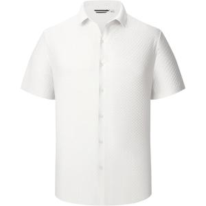 image:imageAlex Vando Mens Jacquard Knit Button Down Shirts Breathable Stretch Business Casual Short Sleeve ShirtWhite