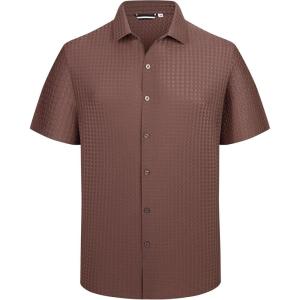 image:imageAlex Vando Mens Jacquard Knit Button Down Shirts Breathable Stretch Business Casual Short Sleeve ShirtWine