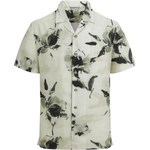 image:imageAlex Vando Mens Linen Blend Print Shirt Camp Collar Short Sleeve Beach Button Down Shirts MenBeige W Black Flower