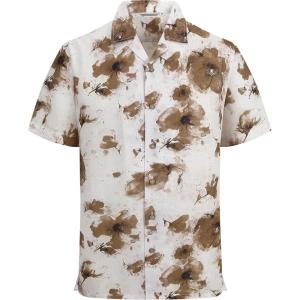 image:imageAlex Vando Mens Linen Blend Print Shirt Camp Collar Short Sleeve Beach Button Down Shirts MenBeige W Brown Flower