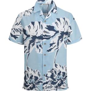 image:imageAlex Vando Mens Linen Blend Print Shirt Camp Collar Short Sleeve Beach Button Down Shirts MenBlue W White Flower