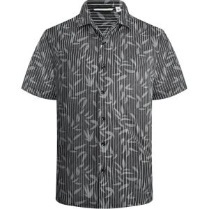 image:imageAlex Vando Mens Print Button Down Shirts Short Sleeve Business Casual Dress ShirtBlack Leaf