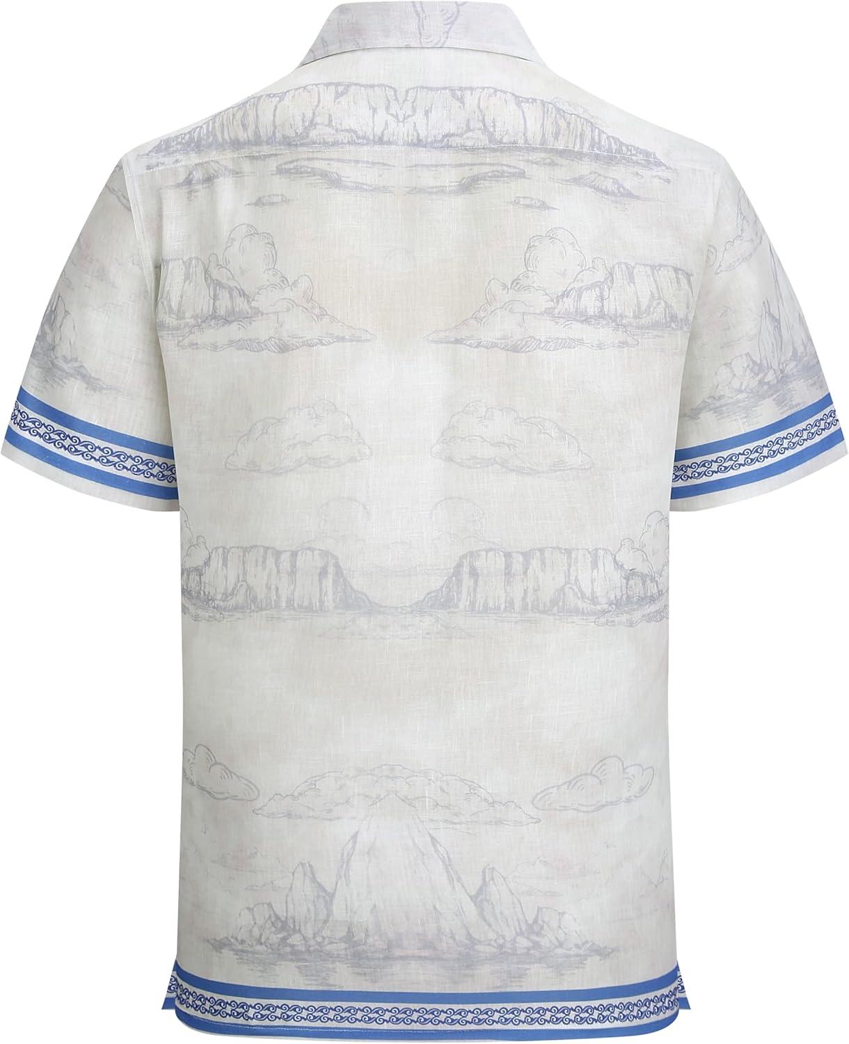 image:imageAlex Vando Mens Linen Blend Short Sleeve Shirt Vintage Printed Beach Button Down Resort Vacation Casual ShirtsBeige Mountain