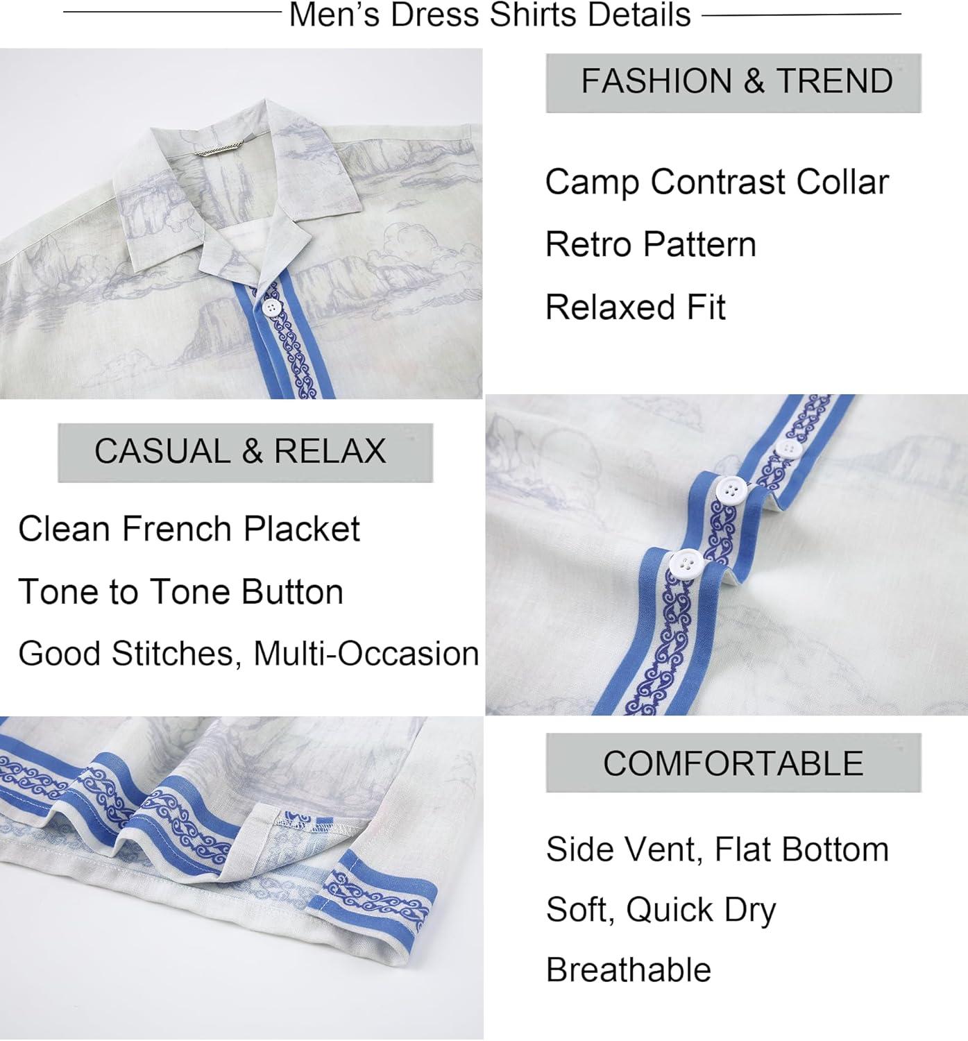 image:imageAlex Vando Mens Linen Blend Short Sleeve Shirt Vintage Printed Beach Button Down Resort Vacation Casual ShirtsBeige Mountain