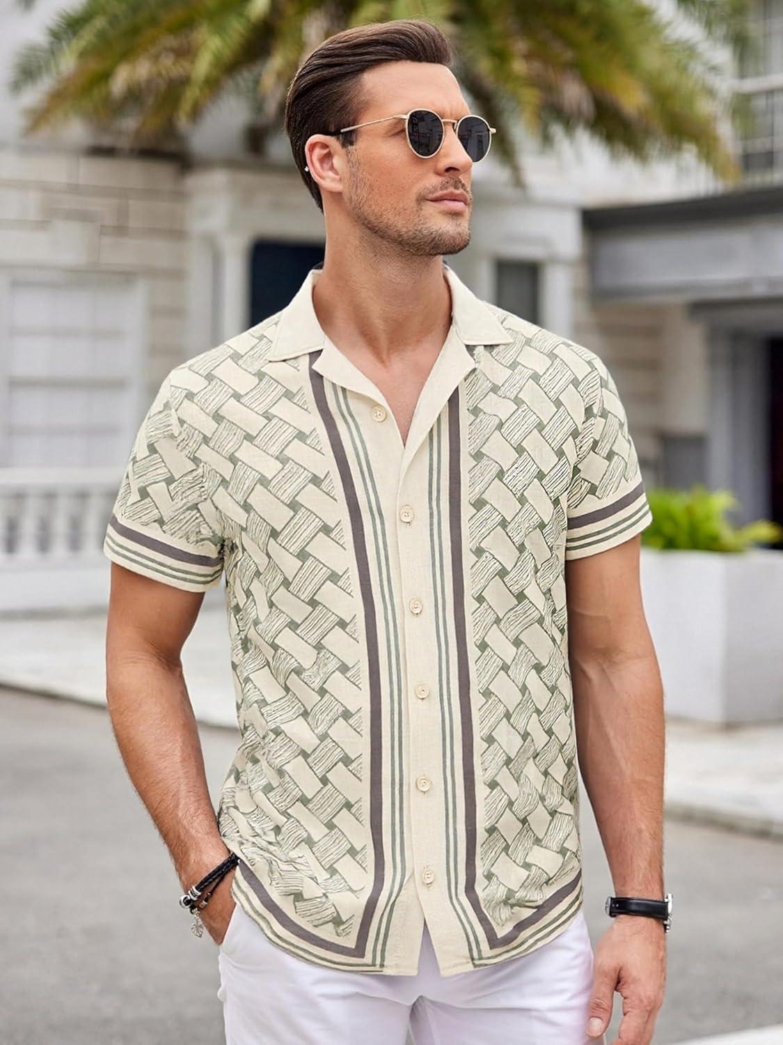 image:imageAlex Vando Mens Linen Blend Short Sleeve Shirt Vintage Printed Beach Button Down Resort Vacation Casual ShirtsBeige Weave