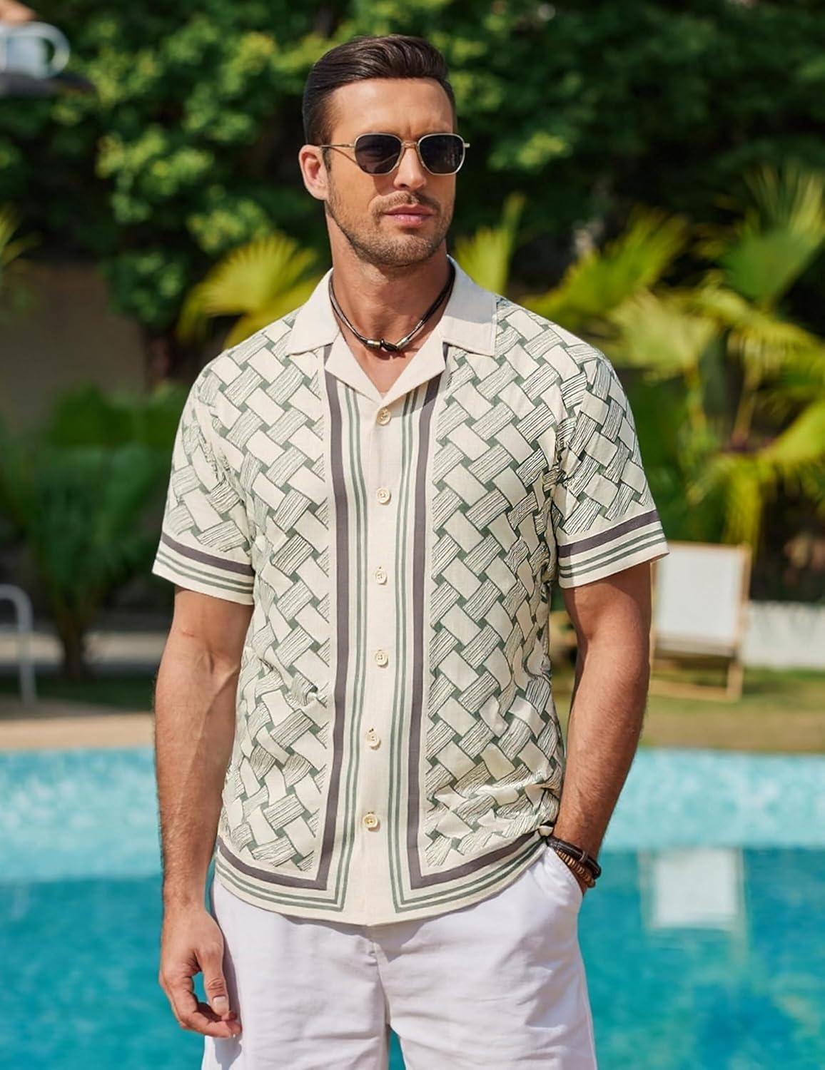 image:imageAlex Vando Mens Linen Blend Short Sleeve Shirt Vintage Printed Beach Button Down Resort Vacation Casual ShirtsBeige Weave