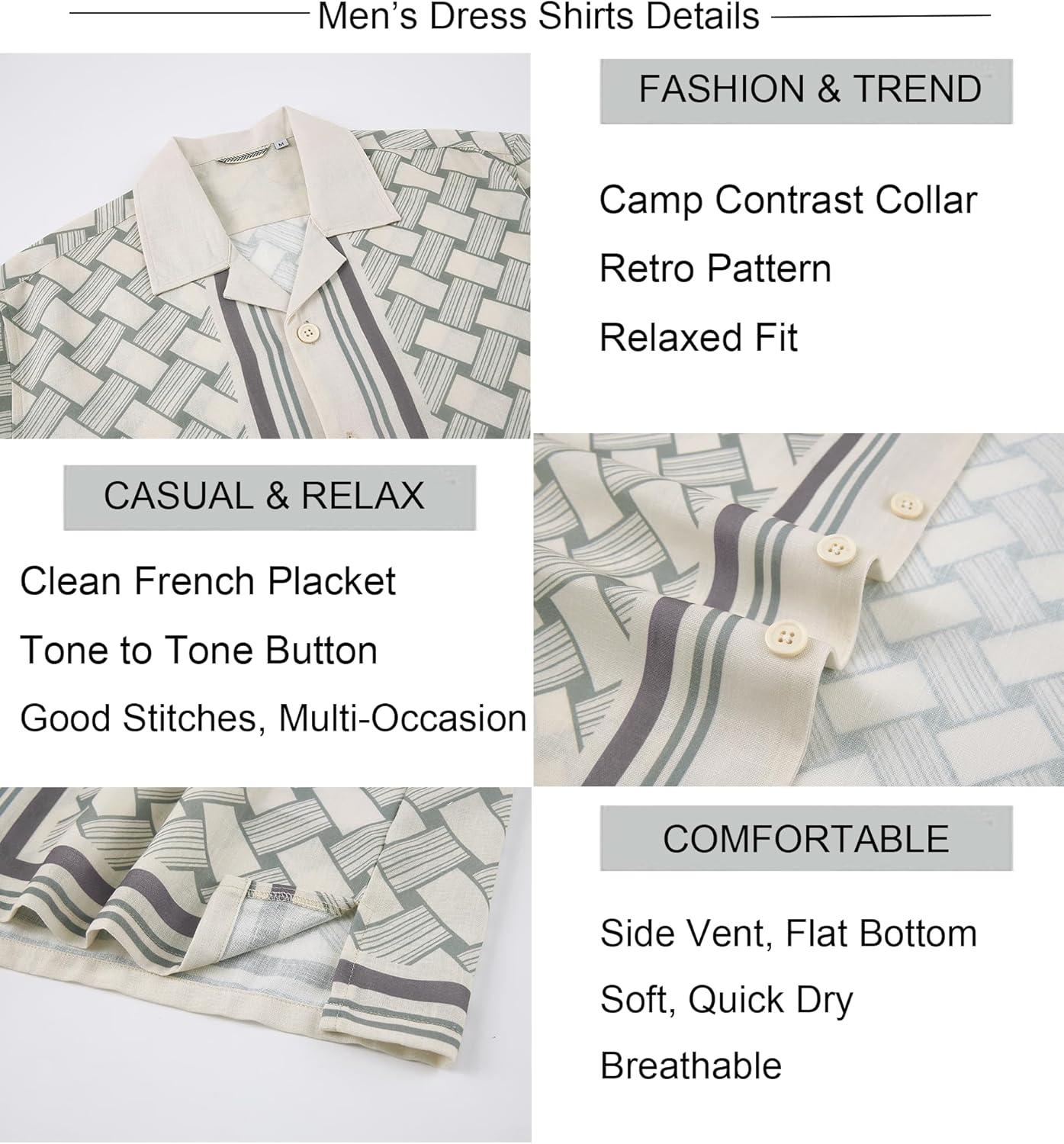 image:imageAlex Vando Mens Linen Blend Short Sleeve Shirt Vintage Printed Beach Button Down Resort Vacation Casual ShirtsBeige Weave