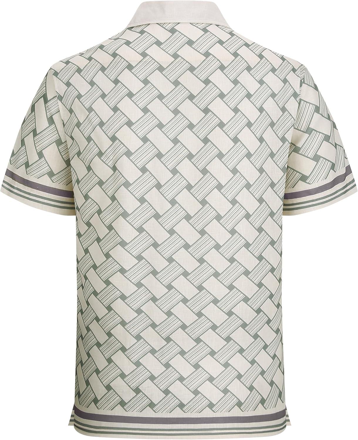 image:imageAlex Vando Mens Linen Blend Short Sleeve Shirt Vintage Printed Beach Button Down Resort Vacation Casual ShirtsBeige Weave