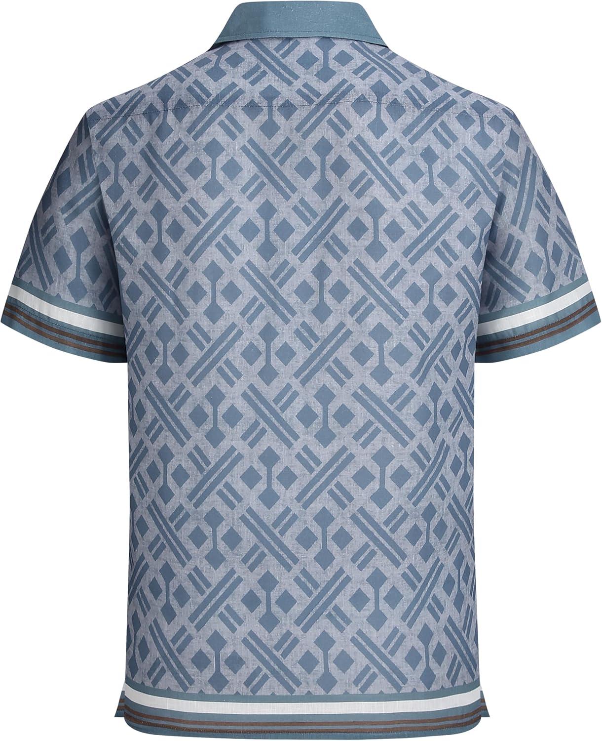 image:imageAlex Vando Mens Linen Blend Short Sleeve Shirt Vintage Printed Beach Button Down Resort Vacation Casual ShirtsBlue Diamond