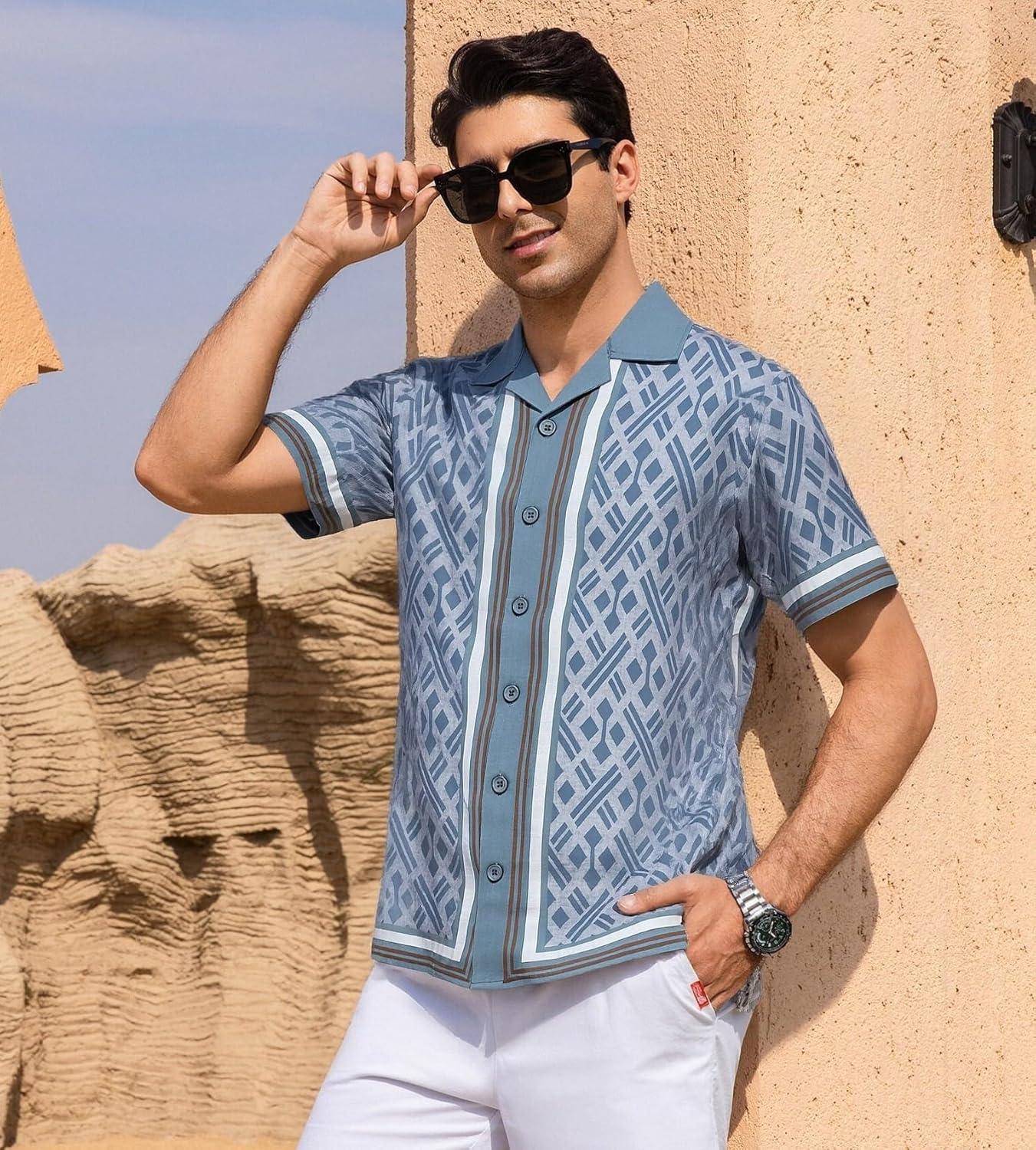image:imageAlex Vando Mens Linen Blend Short Sleeve Shirt Vintage Printed Beach Button Down Resort Vacation Casual ShirtsBlue Diamond