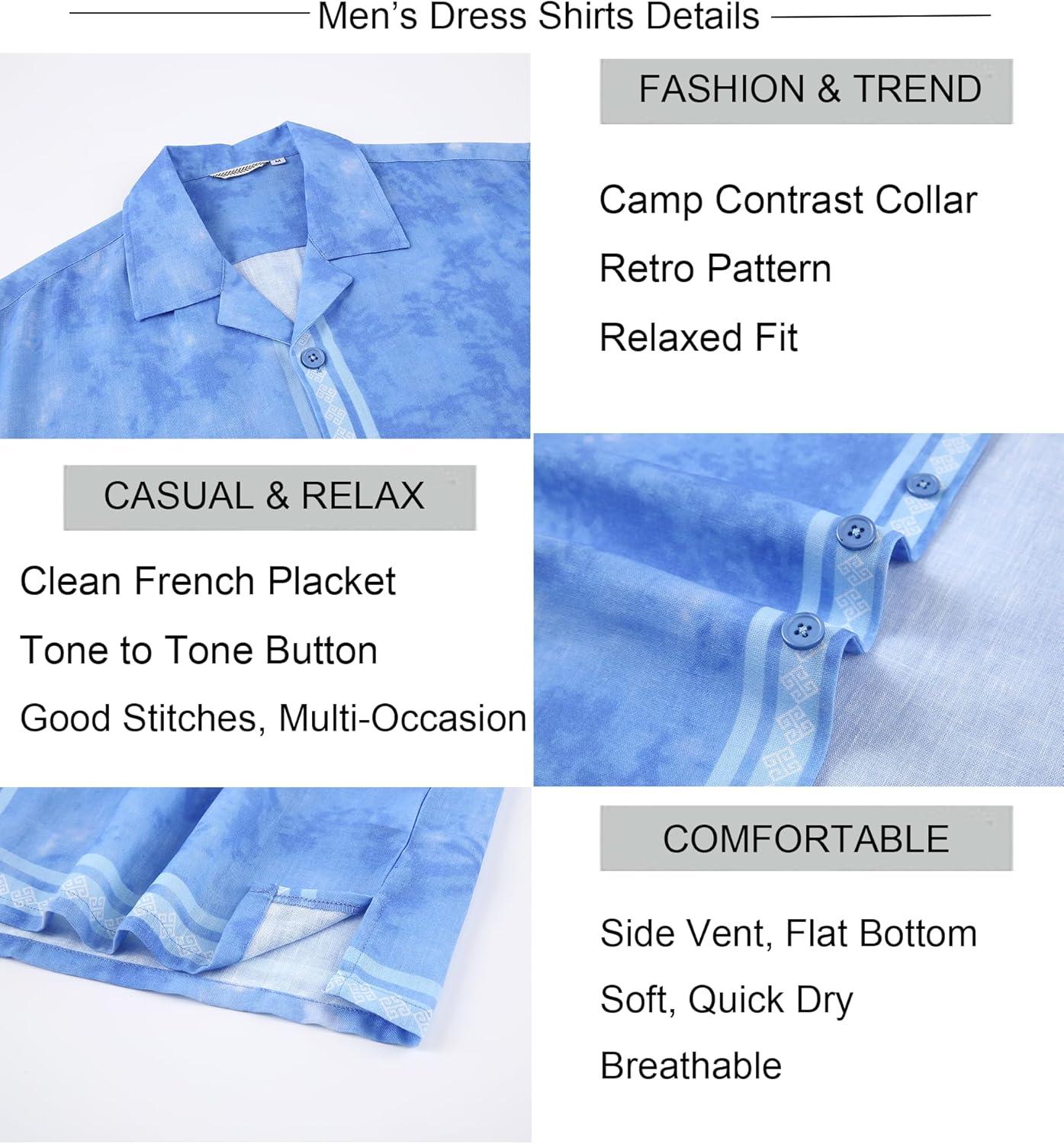 image:imageAlex Vando Mens Linen Blend Short Sleeve Shirt Vintage Printed Beach Button Down Resort Vacation Casual ShirtsBlue Dye