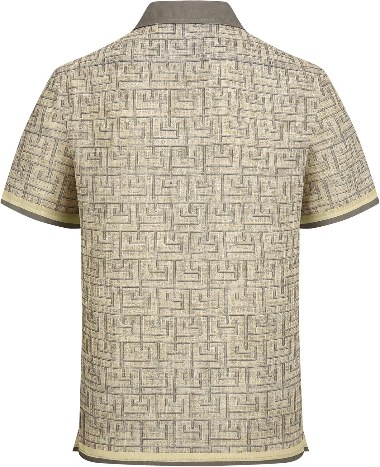 image:imageAlex Vando Mens Linen Blend Short Sleeve Shirt Vintage Printed Beach Button Down Resort Vacation Casual ShirtsKhaki Maze
