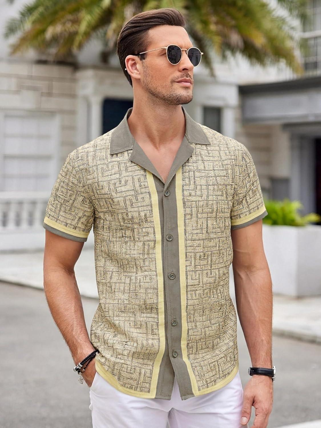 image:imageAlex Vando Mens Linen Blend Short Sleeve Shirt Vintage Printed Beach Button Down Resort Vacation Casual ShirtsKhaki Maze