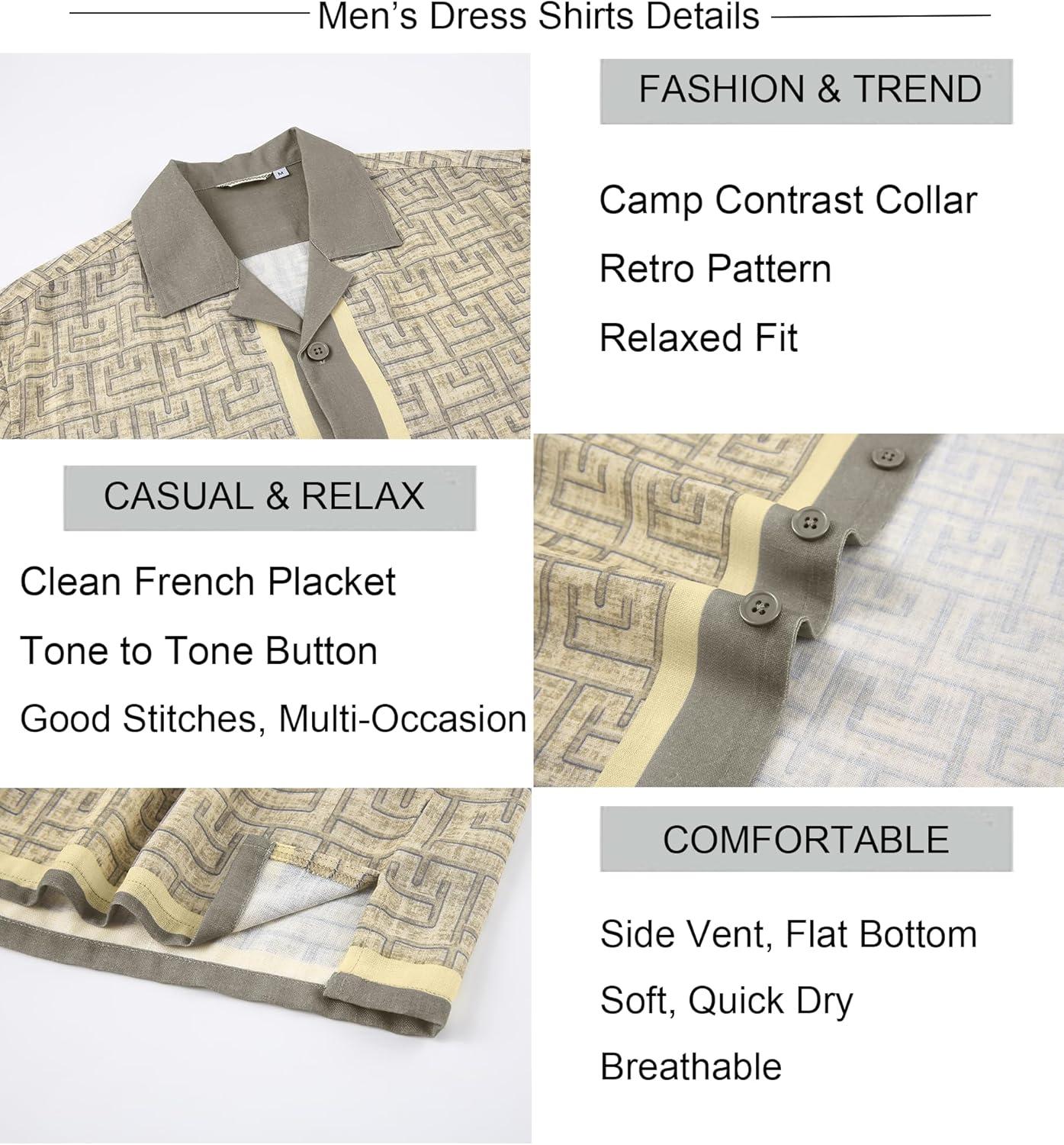 image:imageAlex Vando Mens Linen Blend Short Sleeve Shirt Vintage Printed Beach Button Down Resort Vacation Casual ShirtsKhaki Maze