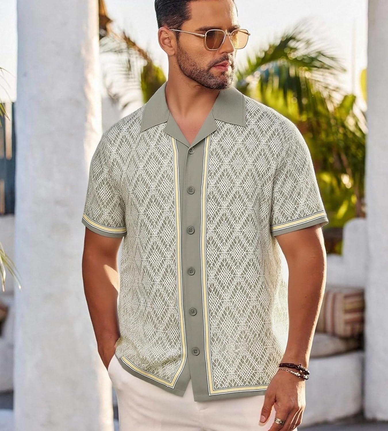image:imageAlex Vando Mens Linen Blend Short Sleeve Shirt Vintage Printed Beach Button Down Resort Vacation Casual ShirtsKhaki Net