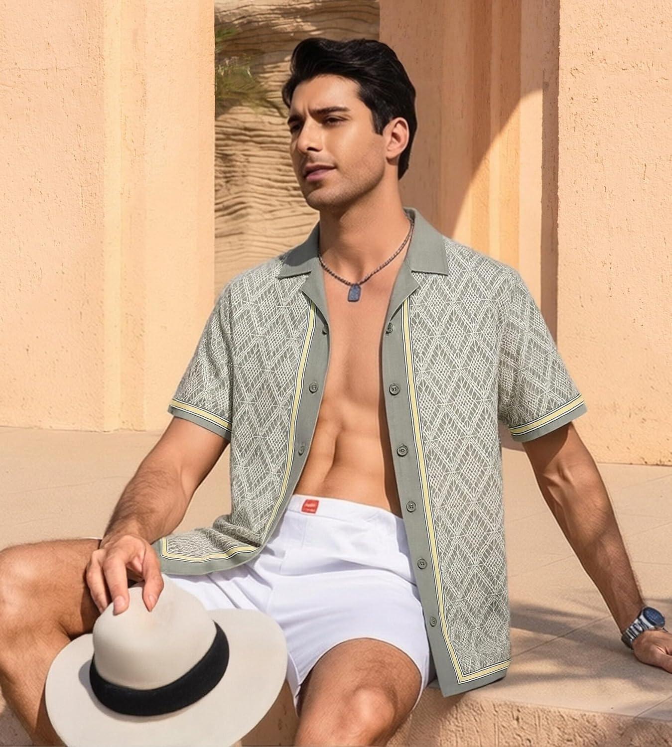 image:imageAlex Vando Mens Linen Blend Short Sleeve Shirt Vintage Printed Beach Button Down Resort Vacation Casual ShirtsKhaki Net